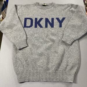 Vtg DKNY Jeans wool blend Sweater Grey Donna Karan Sz Large? Logo spellout Y2K
